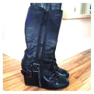 Black wedge knee high boots